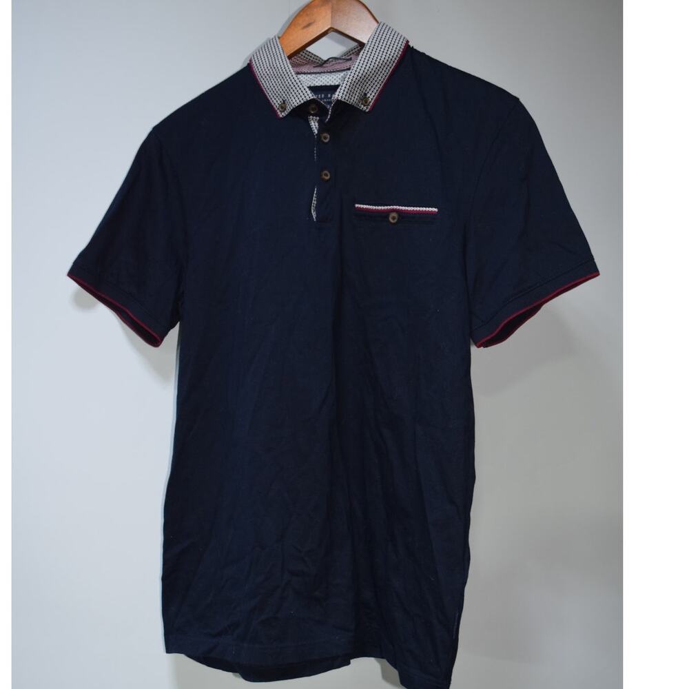 Ted Baker London Navy Polo Shirt Contrast Pattern Collar Men's Size 3 Medium